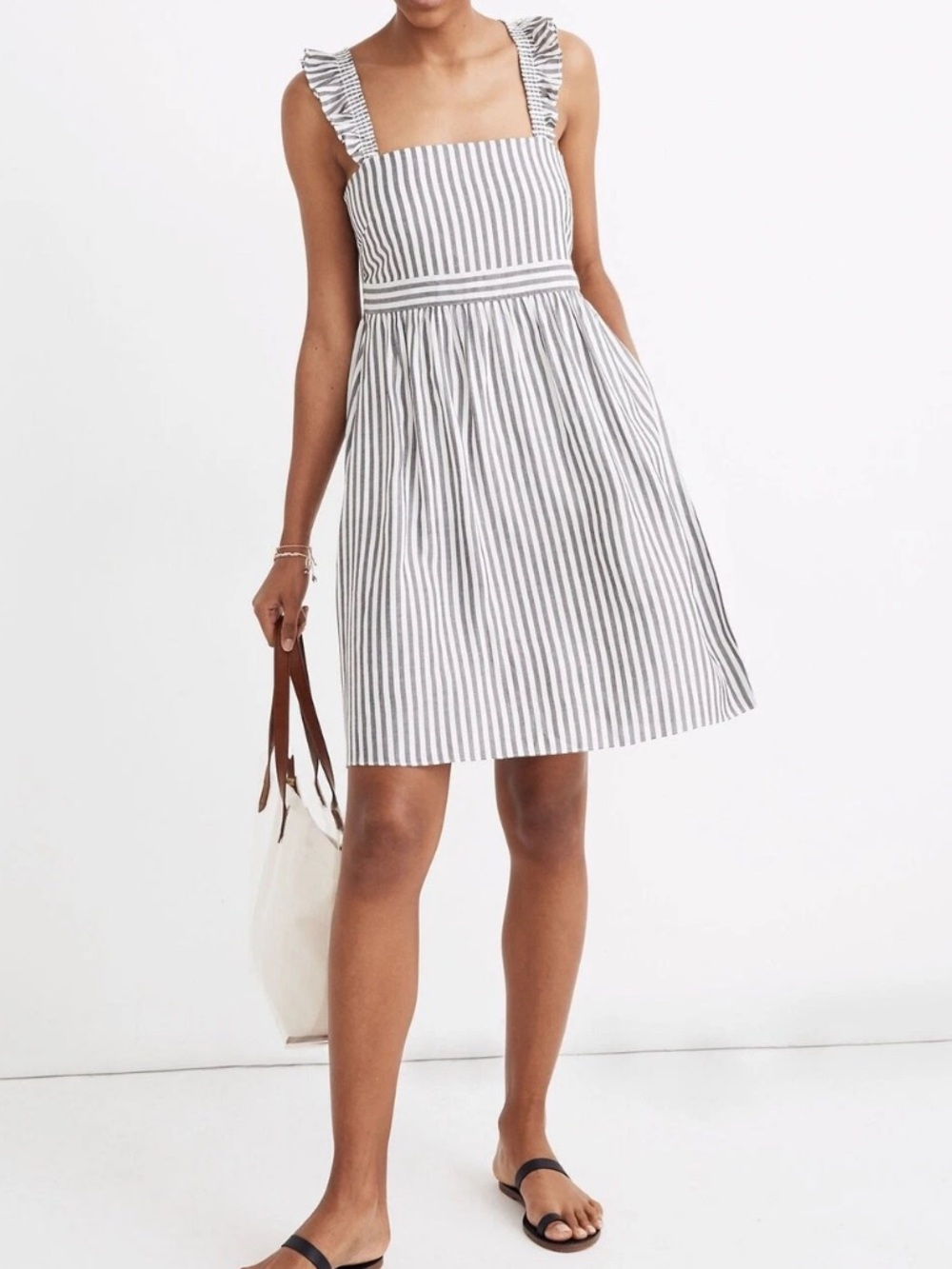Madewell Striped Ruffle Strap Sundress Gray White Empire Fit Flare 4